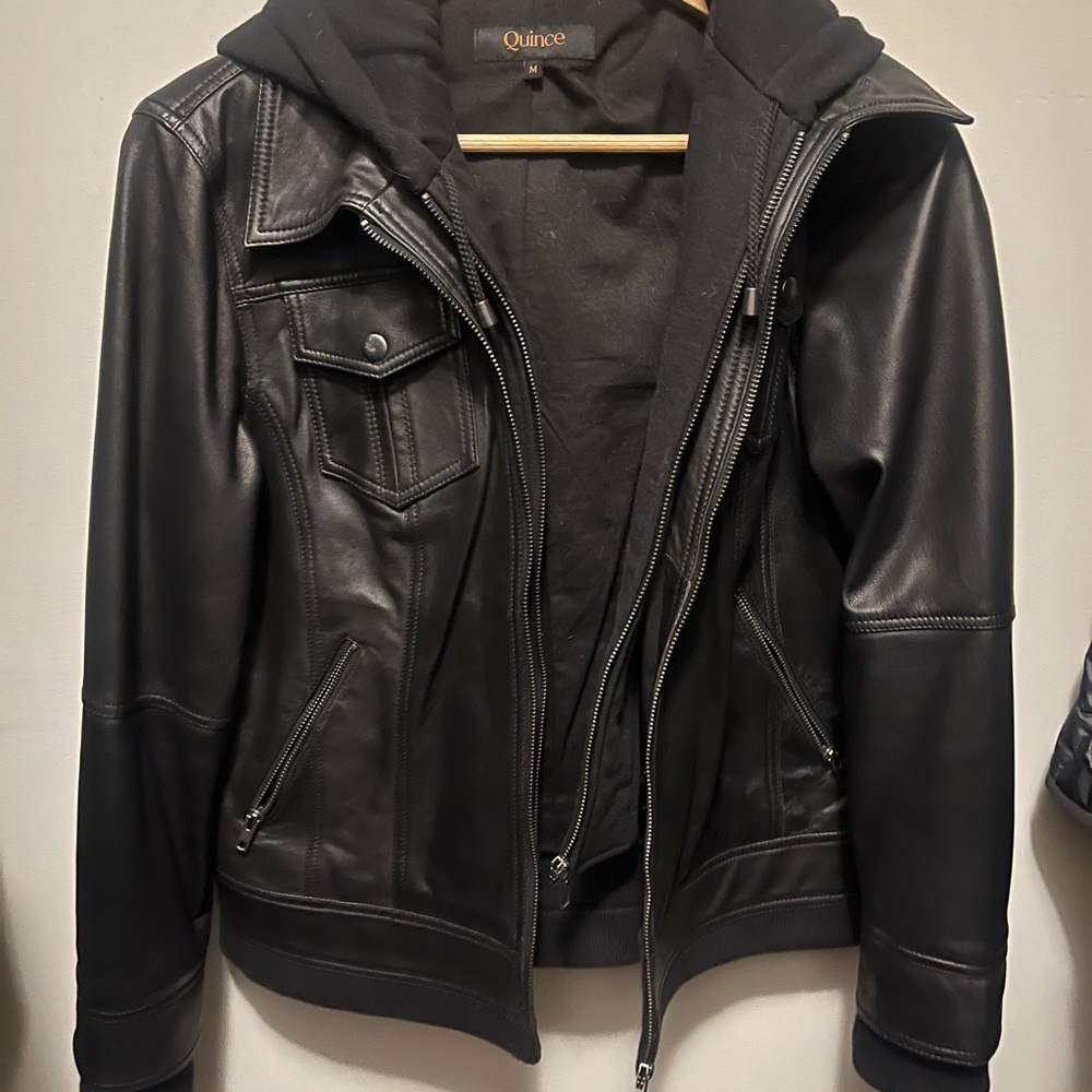 Quince Black Leather Jacket with Hoodie